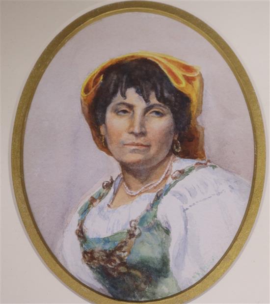 Greek School, watercolour of a woman, indistinctly signed, 14.5 x 11cm